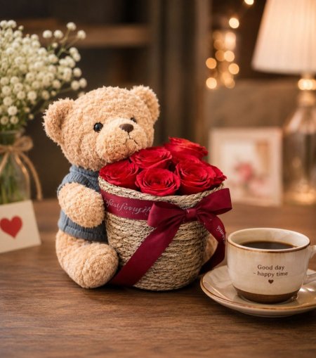دب بني حامل باقة ورد